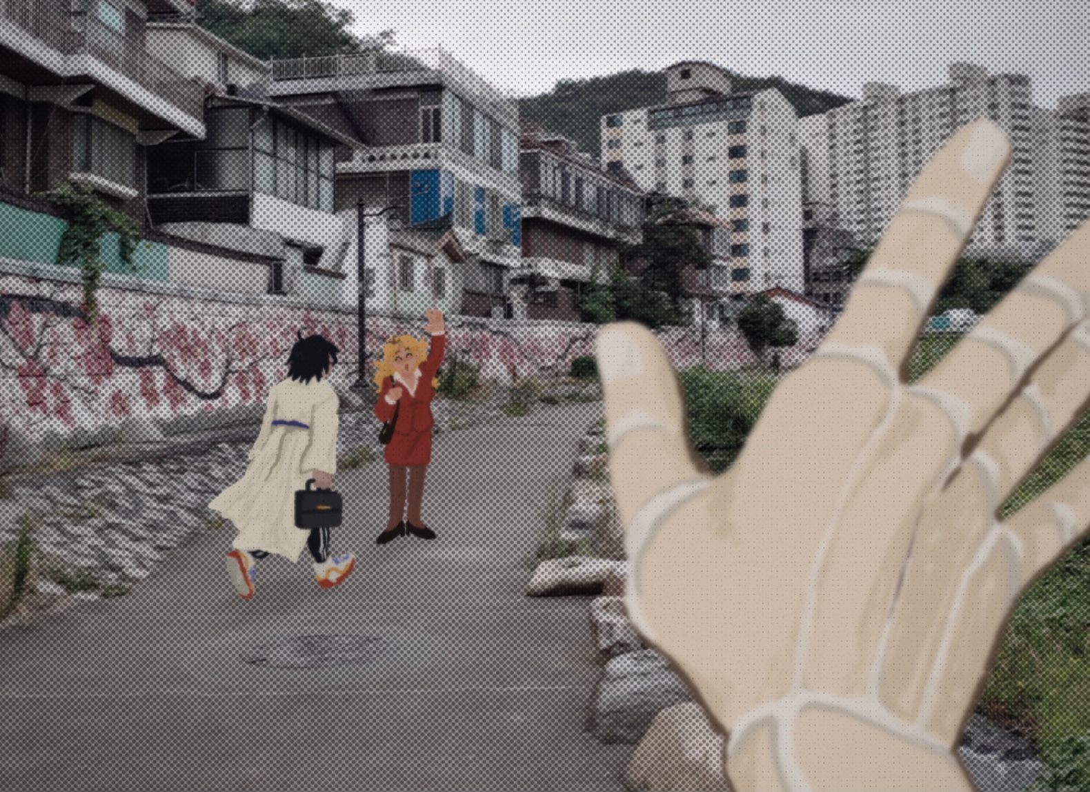 A grainy picture from It0's perspective of Aria and Sado in the distance. Sado has his back turned and is walking towards Aria while she waves back at It0, who's hand is in frame. They are on a street lined with rocks and plants and many tall residential buildings are in the background. The characters are drawn but the background is an edited photograph.